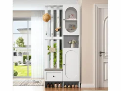 ModernLuxe Armario De Entrada|Conjunto de vestidor de entrada 85×33,5×200 cm - 2 puertas y 1 cajón - con banco para zapatos y cojín - 6 ganchos -