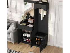 ModernLuxe Conjunto de vestidor de entrada 110x33x185,5 cm - 3 puertas y 1 cajón - Mueble para zapatos y banco para calzado - con espejo - Negro Sale