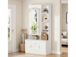 ModernLuxe Conjunto de vestidor de entrada 90x40x180cm - con mueble para zapatos y espejo - 2 cajones y 2 puertas - con estantes - Blanco