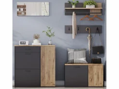 ModernLuxe Armario De Entrada|Conjunto de vestidor de entrada - 2 muebles para zapatos - barra para ropa y 4 ganchos - Espejo - Natural +