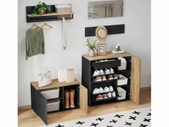 ModernLuxe Armario De Entrada|Conjunto de vestidor de entrada - 2 muebles para zapatos - barra para ropa y 4 ganchos - Espejo - Natural +