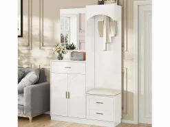 ModernLuxe Conjunto de vestidor de entrada 110x33x185,5 cm - 3 puertas y 1 cajón - Mueble para zapatos y banco para calzado - con espejo - Blanco Discount
