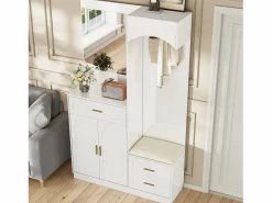 ModernLuxe Conjunto de vestidor de entrada 110x33x185,5 cm - 3 puertas y 1 cajón - Mueble para zapatos y banco para calzado - con espejo - Blanco Discount