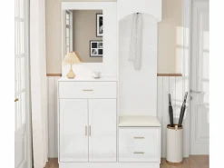 ModernLuxe Conjunto de vestidor de entrada 110x33x185,5 cm - 3 puertas y 1 cajón - Mueble para zapatos y banco para calzado - con espejo - Blanco Discount