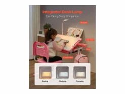 Conjunto Escritorio y Silla para Niños SucceBuy, Altura Ajustable con Lámpara,^