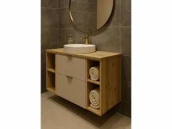 Mueble De Lavabo|Conjunto para baño 100 cm Armario con encimera y estanterías Roble Artisan / Cachemira Orio
