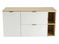 Conjunto para baño 120 cm Armario con encimera Armario con cesta Estantería Roble Artisan / Orio Blanco Best