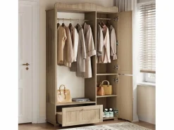 ModernLuxe Conjunto vestidor de entrada - 115,5x38,5x194,5 cm - con espejo y tendedero abierto - 1 cajón y 2 puertas - MDF - Color roble Color natural claro New