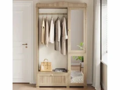 ModernLuxe Conjunto vestidor de entrada - 115,5x38,5x194,5 cm - con espejo y tendedero abierto - 1 cajón y 2 puertas - MDF - Color roble Color natural claro New
