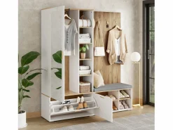 ModernLuxe Conjunto vestidor de entrada 160x38x180cm - con 3 puertas y compartimentos de almacenamiento - con espejo y mueble para zapatos - con gancho - Natural + Blanco Color natural claro / Blanco Discount