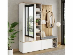 ModernLuxe Conjunto vestidor de entrada 160x38x180cm - con 3 puertas y compartimentos de almacenamiento - con espejo y mueble para zapatos - con gancho - Natural + Blanco Color natural claro / Blanco Discount