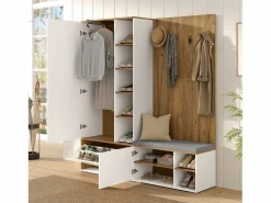 ModernLuxe Conjunto vestidor de entrada 160x38x180cm - con 3 puertas y compartimentos de almacenamiento - con espejo y mueble para zapatos - con gancho - Natural + Blanco Color natural claro / Blanco Discount