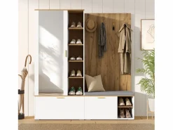 ModernLuxe Conjunto vestidor de entrada 160x38x180cm - con 3 puertas y compartimentos de almacenamiento - con espejo y mueble para zapatos - con gancho - Natural + Blanco Color natural claro / Blanco Discount