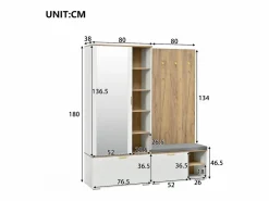 ModernLuxe Conjunto vestidor de entrada 160x38x180cm - con 3 puertas y compartimentos de almacenamiento - con espejo y mueble para zapatos - con gancho - Natural + Blanco Color natural claro / Blanco Discount