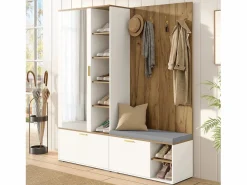 ModernLuxe Conjunto vestidor de entrada 160x38x180cm - con 3 puertas y compartimentos de almacenamiento - con espejo y mueble para zapatos - con gancho - Natural + Blanco Color natural claro / Blanco Discount