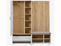 ModernLuxe Conjunto vestidor de entrada 160x38x180cm - con 3 puertas y compartimentos de almacenamiento - con espejo y mueble para zapatos - con gancho - Natural + Blanco Color natural claro / Blanco Discount