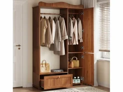 ModernLuxe Armario De Entrada|Conjunto vestidor de entrada - 115,5x38,5x194,5 cm - con espejo y tendedero abierto - 1 cajón y 2 puertas - MDF - Color nogal