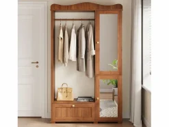 ModernLuxe Armario De Entrada|Conjunto vestidor de entrada - 115,5x38,5x194,5 cm - con espejo y tendedero abierto - 1 cajón y 2 puertas - MDF - Color nogal