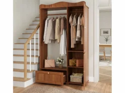 ModernLuxe Armario De Entrada|Conjunto vestidor de entrada - 115,5x38,5x194,5 cm - con espejo y tendedero abierto - 1 cajón y 2 puertas - MDF - Color nogal