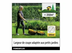 Cortacésped|Cortacésped eléctrico POWERPLUS 1000W, 32 cm, Cesto 30L, 3 alturas ajustables, Expulsión trasera, Compacto y ligero