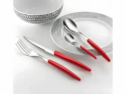 Lou Laguiole Cubierto|Cubertería de 24 piezas Montana Rouge - Mango de cristal , hoja de acero inoxidable microdentada, diseño contemporáneo