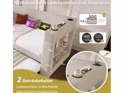 Daybed - 90 x 200 cm + 90 x 190 cm - con cama nido - reposabrazos con USB + almacenaje - madera + algodón + metal -^Merax Sale