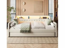 Hauss Spole Cama Diván|Daybed 90x200 cm con cama nido 90x190 cm - LED y USB - Cierre de botones - Tejido de lino