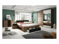 Dormitorio EOS: Armario, cama de 160x200, cómoda, mesitas de noche. Color roble oscuro y negro.^Meublorama Hot