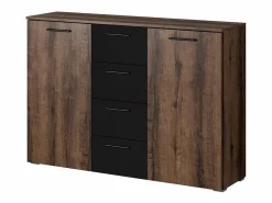 Meublorama Dormitorio EOS: Armario 220x210, Cama 180, cómoda, mesitas de noche. Color roble oscuro y negro. Marru00f3n Hot