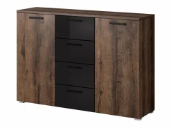 Dormitorio FLOYD: Armario 220cm, Cama 160x200, cómoda, mesitas de noche. Color roble oscuro y negro brillante.^Meublorama Discount