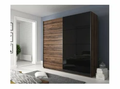 Dormitorio FLOYD: Armario 220cm, Cama 160x200, cómoda, mesitas de noche. Color roble oscuro y negro brillante.^Meublorama Discount