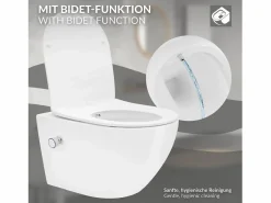 LuxeBath ECD Germany Inodoro suspendido sin brida, largo 52 cm, , con función bidé, revestimiento Nano, de cerámica, tapa de inodoro, cierre suave, cisterna Blanco Hot