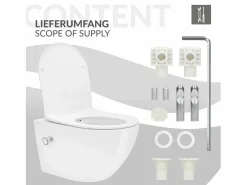 LuxeBath ECD Germany Inodoro suspendido sin brida, largo 52 cm, , con función bidé, revestimiento Nano, de cerámica, tapa de inodoro, cierre suave, cisterna Blanco Hot