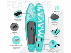 Tabla hinchable de paddle surf SUP Makani 320 x 80 x 15 cm de PVC turquesa hasta 120kg con bomba de aire, bolsa de transporte y accesorios^ECD Germany Outlet