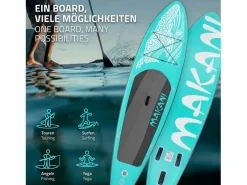 Tabla hinchable de paddle surf SUP Makani 320 x 80 x 15 cm de PVC turquesa hasta 120kg con bomba de aire, bolsa de transporte y accesorios^ECD Germany Outlet