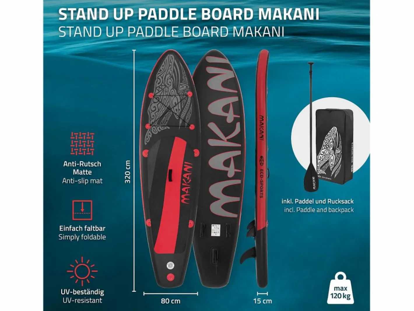 ECD Germany Deportes Náuticos|Tabla hinchable de paddle surf SUP Makani 320 x 80 x 15 cm de PVC -rojo hasta 120kg, bomba de aire, bolsa de transporte y accesorios