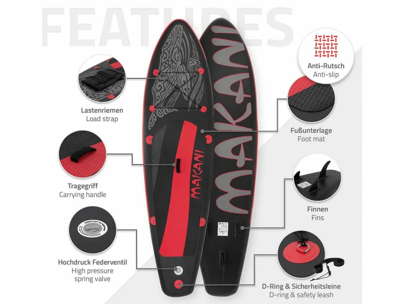 ECD Germany Deportes Náuticos|Tabla hinchable de paddle surf SUP Makani 320 x 80 x 15 cm de PVC -rojo hasta 120kg, bomba de aire, bolsa de transporte y accesorios