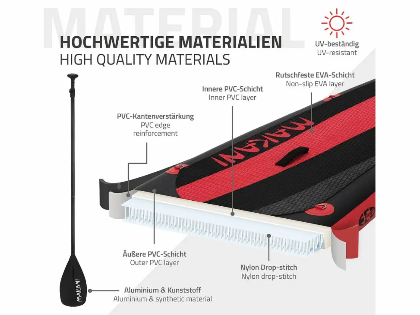 ECD Germany Deportes Náuticos|Tabla hinchable de paddle surf SUP Makani 320 x 80 x 15 cm de PVC -rojo hasta 120kg, bomba de aire, bolsa de transporte y accesorios