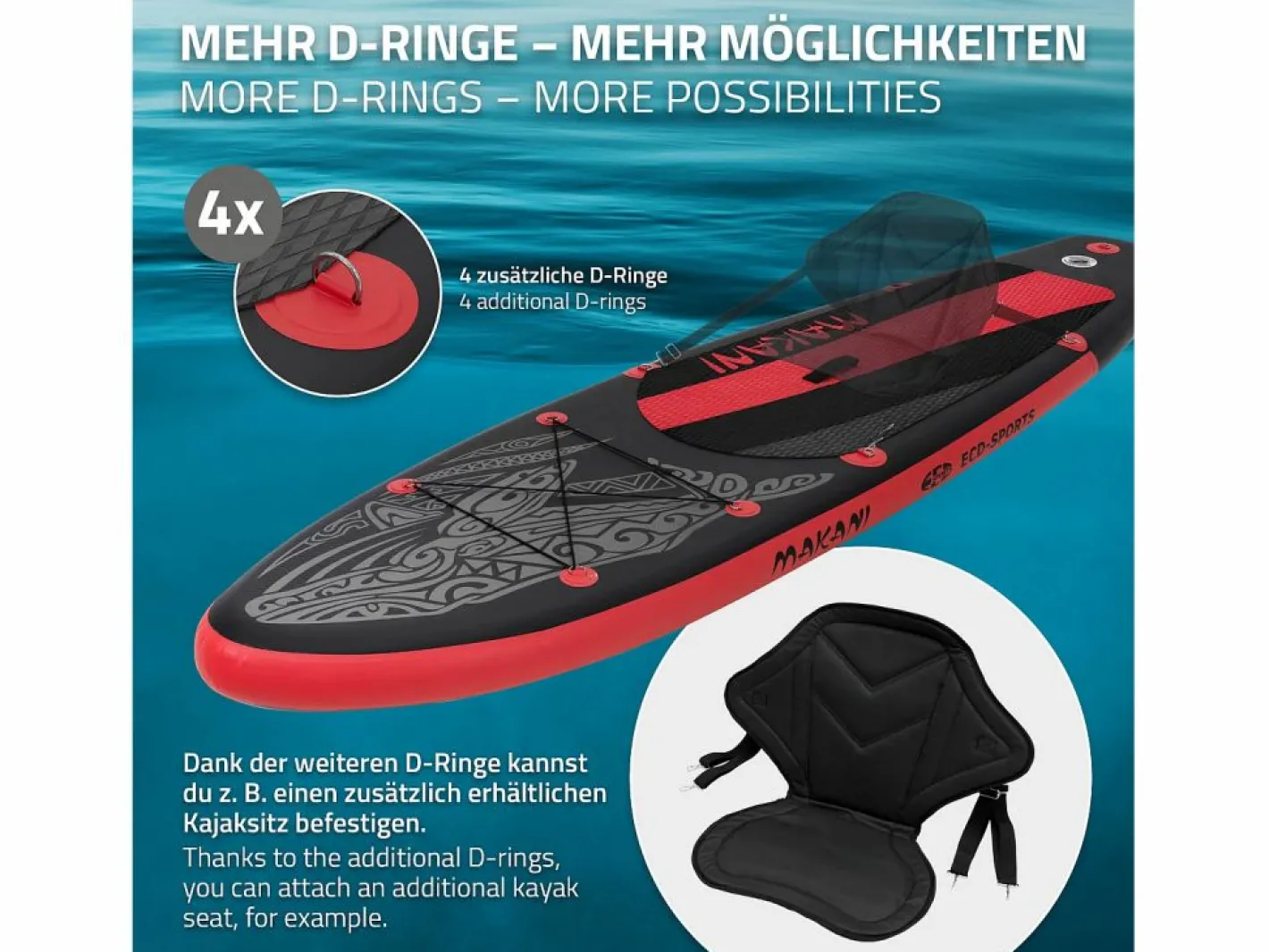 ECD Germany Deportes Náuticos|Tabla hinchable de paddle surf SUP Makani 320 x 80 x 15 cm de PVC -rojo hasta 120kg, bomba de aire, bolsa de transporte y accesorios