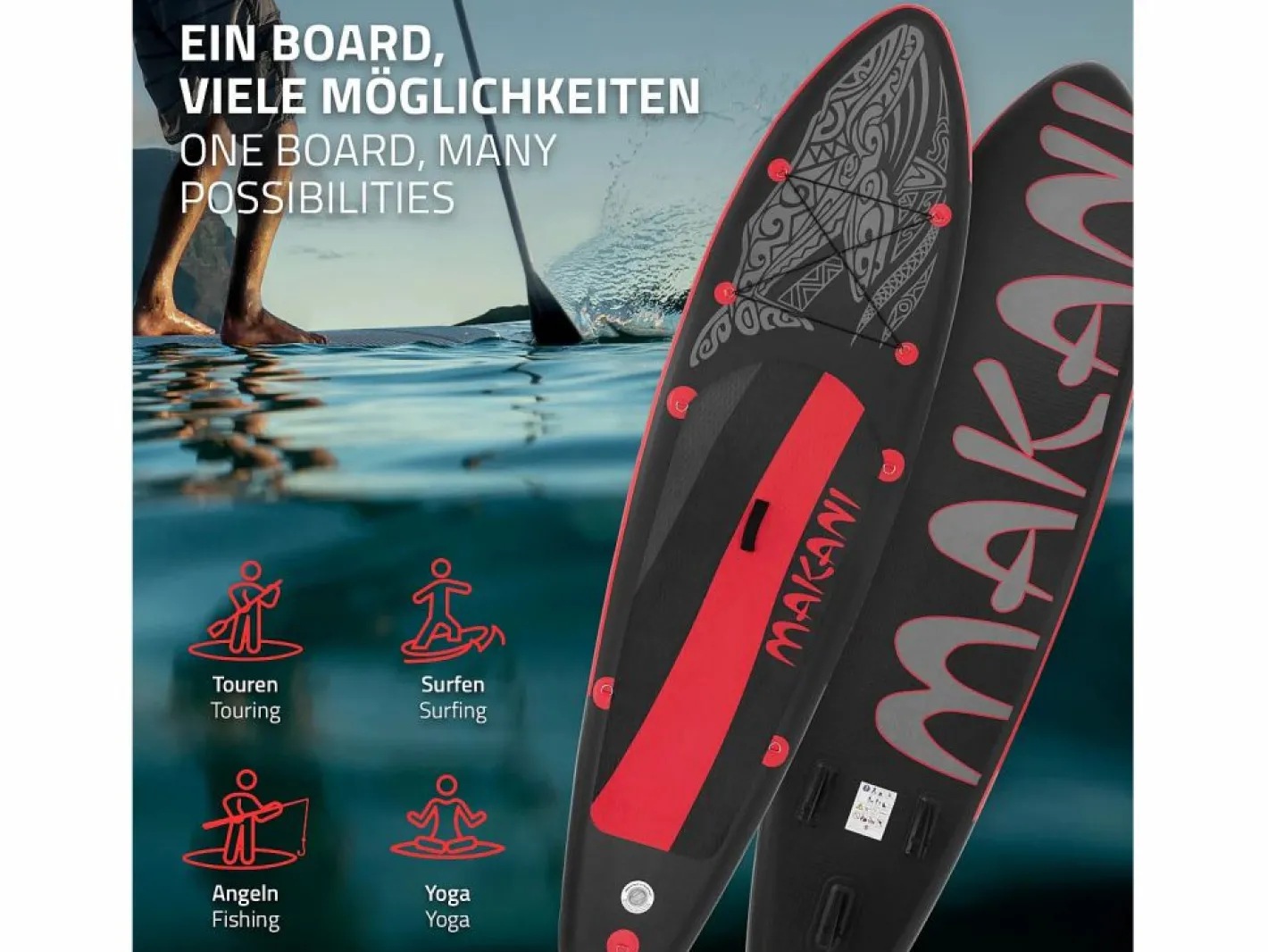 ECD Germany Deportes Náuticos|Tabla hinchable de paddle surf SUP Makani 320 x 80 x 15 cm de PVC -rojo hasta 120kg, bomba de aire, bolsa de transporte y accesorios
