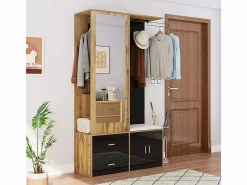 KOMHTOM Armario De Entrada|Elegante conjunto de armario en y madera en bruto con espejo, mueble zapatero, banco zapatero con ganchos y perchas correderas