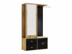 KOMHTOM Armario De Entrada|Elegante conjunto de armario en y madera en bruto con espejo, mueble zapatero, banco zapatero con ganchos y perchas correderas