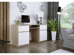Mesa De Ordenador|Escritorio 2 cajones, 2 puertas, 5 estantes, sonoma/Blanco, 135 x 77 x 50 cm
