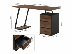 DripeX Mesa De Ordenador|Escritorio con 3 cajones de almacenamiento - tablero de madera - MDF y Metal - Marrón + Negro - 138,5x58x75cm