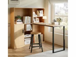 Escritorio con 1 puerta y 6 nichos, estructura de MDF chapado en imitación madera natural clara y metal negro - 120x50x120cm^Hauss Spole New