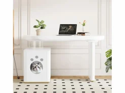 ModernLuxe Escritorio con nicho para mascotas - 117×50×76 cm - Patas reforzadas - Para mascotas de tamaño M a XL - Acabado lacado - Blanco Hot