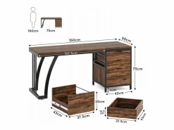 Tribesigns Escritorio de computadora con 3 cajones, 150 cm, con cajones reversibles, escritorio industrial con bandeja de almacenamiento para el hogar y la oficina, marrón rústico Marru00f3n