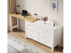 ModernLuxe Escritorio Rinconero|Escritorio de esquina 120×40×70 cm - con 7 cajones - diseño 2 en 1 - tablero giratorio 360° - certificado FSC - + natural
