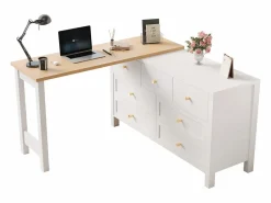 ModernLuxe Escritorio Rinconero|Escritorio de esquina 120×40×70 cm - con 7 cajones - diseño 2 en 1 - tablero giratorio 360° - certificado FSC - + natural