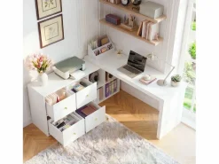 ModernLuxe Escritorio de esquina - Tablero giratorio a 360° - 4 compartimentos y 4 cajones - Tablero y patas reforzados - MDF - Blanco Best